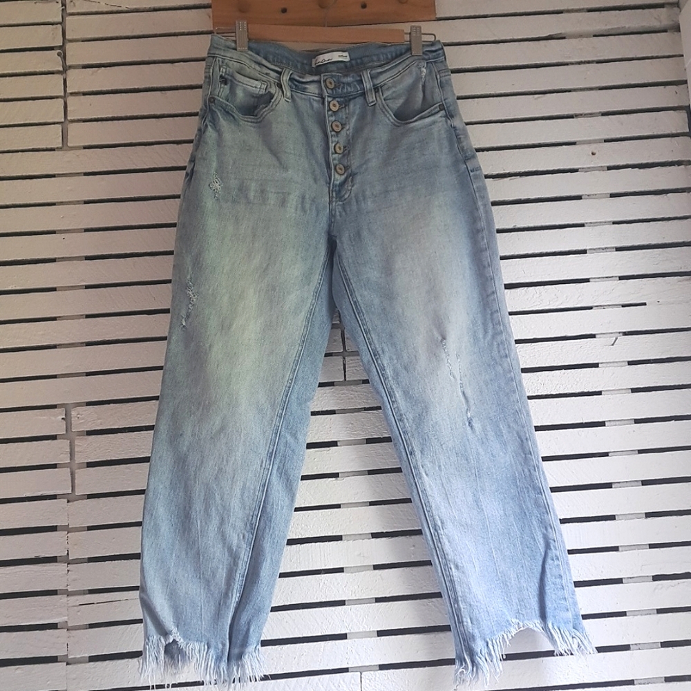KanCan Button Front Straight High Rise Crop Raw Hem Jeans Sz28 Med Light Wash